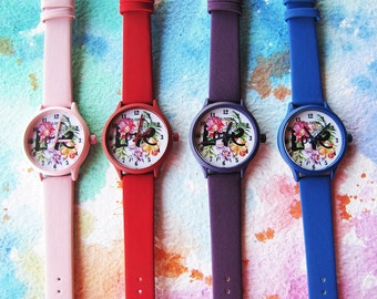 Love Print Vegan Leather Watch – Colorful Floral Boho Wristwatch