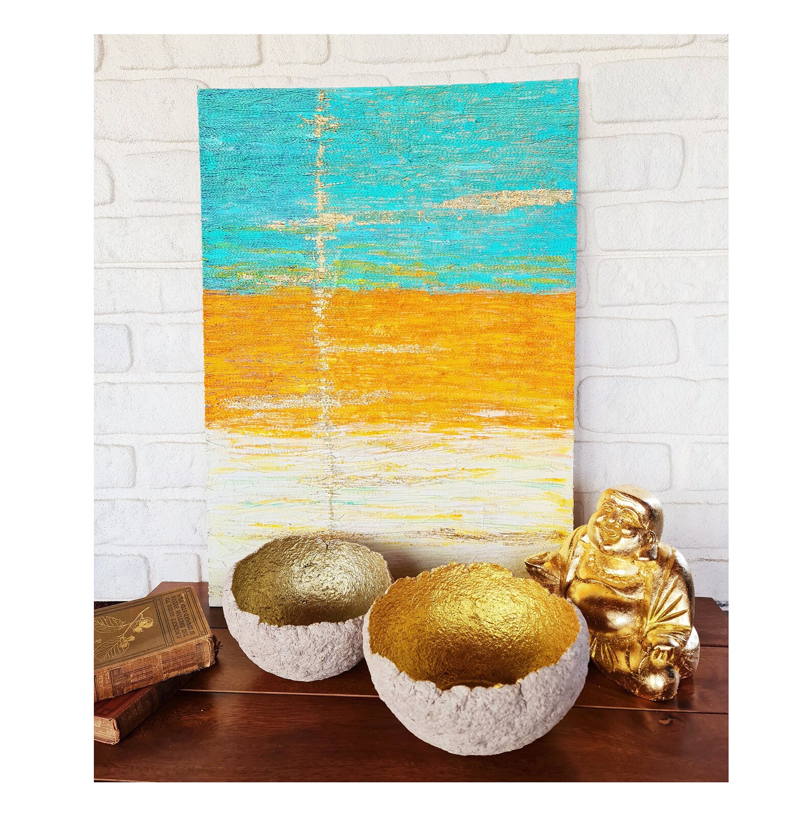 Recycled Fiber Art Wall Decor With Gold Leafs Handmade Wall Art Etsy