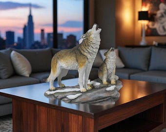 Wolf and Cub Figurine, Resin Wolf Statue, Woodland Animal Decor, Rustic Gift