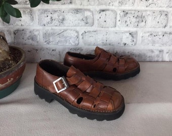 90's Vintage Retro Genuine Leather Man Shoes 42 size/8.5 size - Cognac Brown - Unique Gift for Him - Anniversary Gift