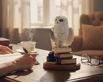 Animals World Snowy Owl Statue - White Figurine  Marble Powder Collectible - Hand Painted Bird Sculpture