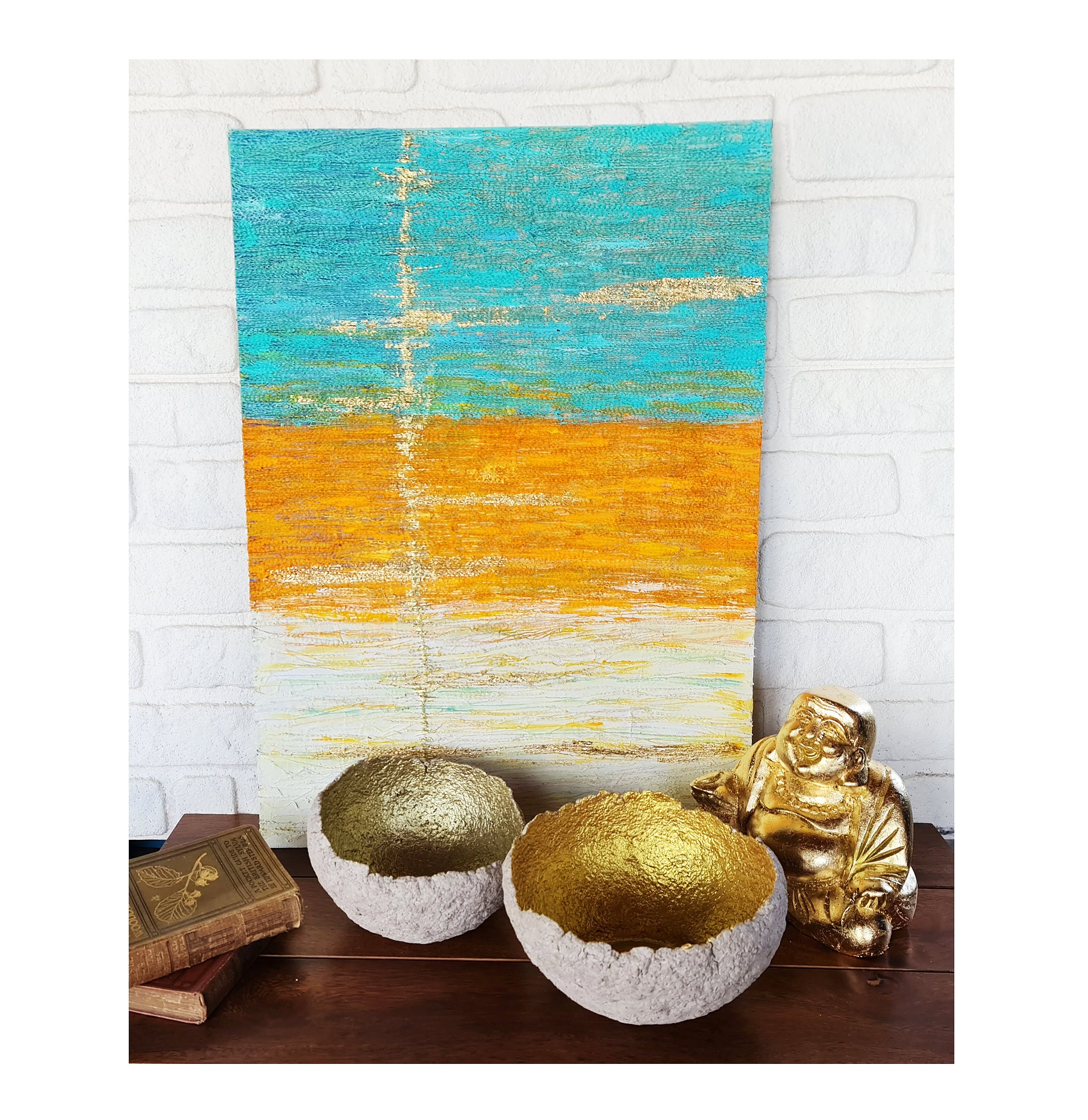 Recycled Fiber Art Wall Decor With Gold Leafs Handmade Wall Art Etsy