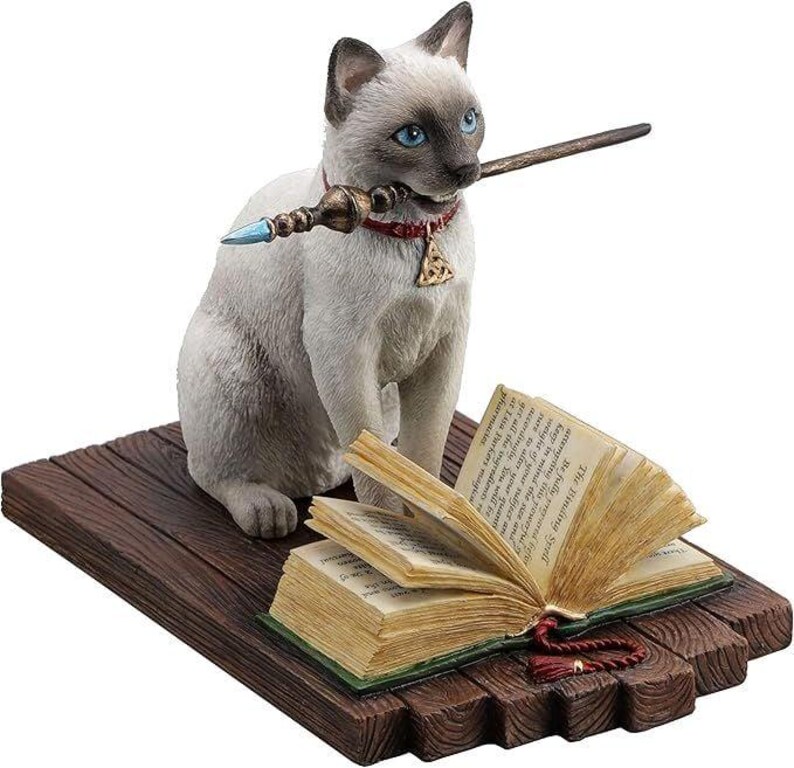 Wizard Cat Statue, Magic Figurine, Sorcerer Cat Decor, Marble Powder Collectible, Hand Painted Bibelot image 3