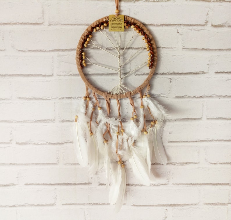 Beige Tree of Life Dream Catcher Hippie Wall Hanging Housewarming Gift Cozy Indian Home Decoration image 1