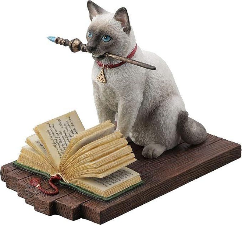 Wizard Cat Statue, Magic Figurine, Sorcerer Cat Decor, Marble Powder Collectible, Hand Painted Bibelot image 4