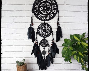 Free Fast Shipping/Black Crochet Dream Catcher/Five Circles-One Oversize and Four Circle/Indian Symbols/Bohemian Rhapsody