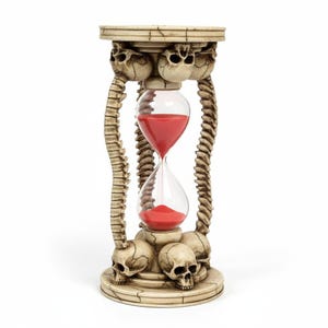 May include: A decorative hourglass with a beige skull and bone design. The hourglass contains red sand and is supported by a base and top adorned with skulls. The frame is made of bones.