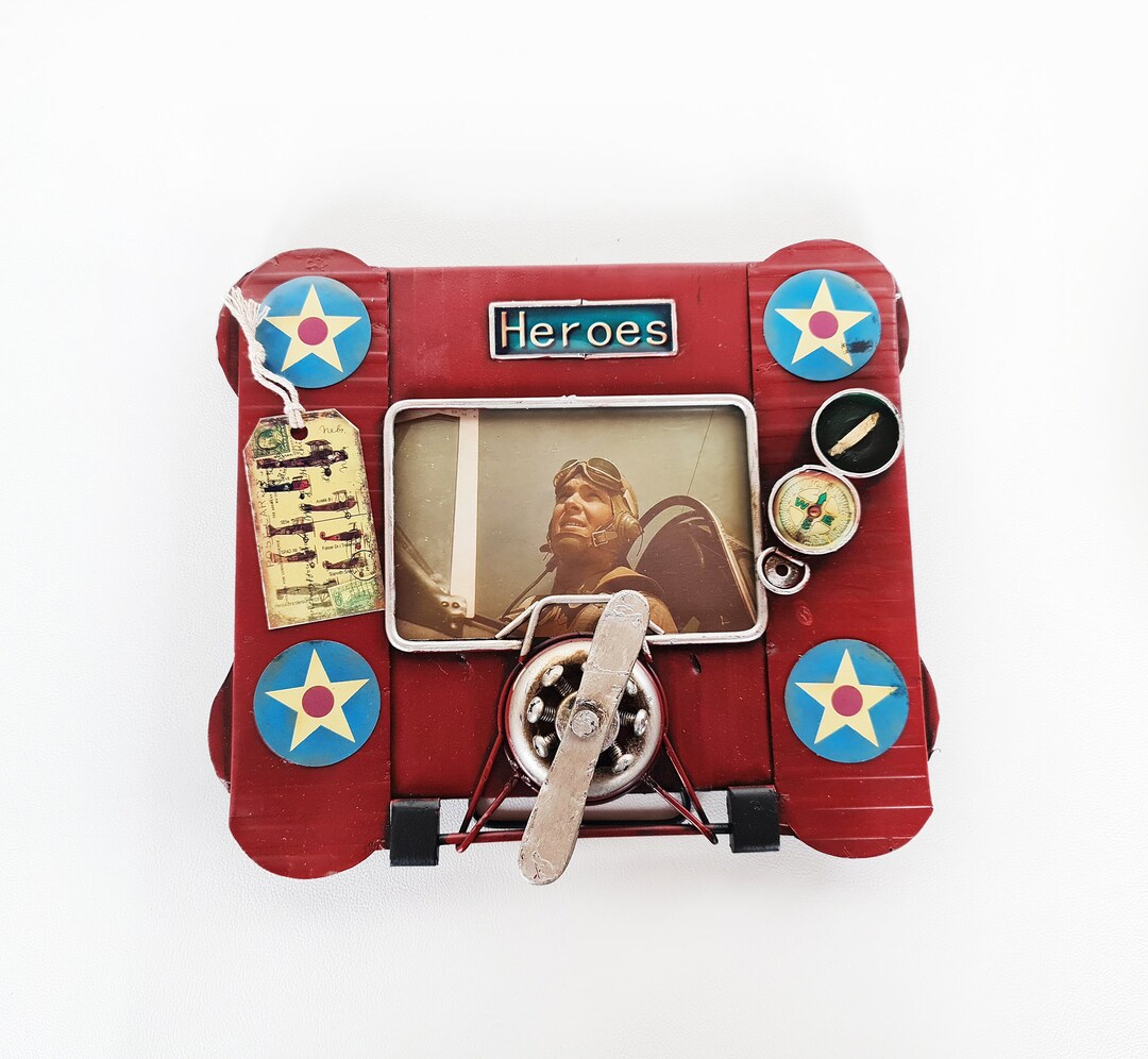 Retro Red Tin Heroes Table or Wall Picture Frame tin Office Table Decor