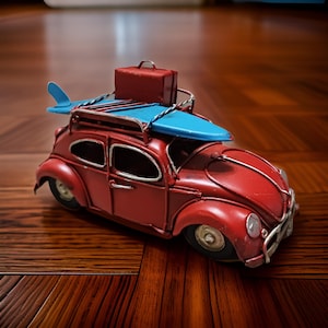 Red Mini  Beetle -Mini Vintage Design Car Bug - Red Hippie  Mini  Bug Car with Blue Surfboard - Home Decor -Christmas Gift