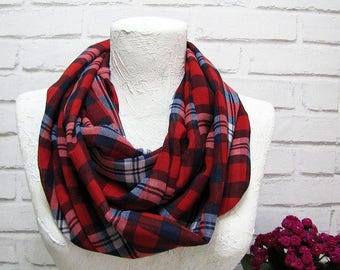 Free Shipping/Unisex Modern Infinity Scarf/Red Navy Blue Plaid Shawl/Loop Scarf/Shawls/Gift for Her&Him/Spring,Summer,Fall Accessories