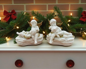 Set of Angels Sitting on Stone Figurine – Small Resin Angel Decor