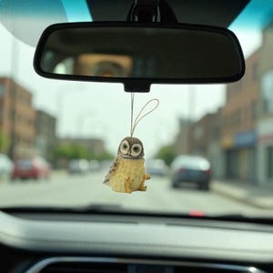 May include: A small, decorative owl car charm hanging from a rearview mirror. The owl has large, round eyes and is perched with its feet forward. The background shows a blurred street scene with cars and buildings.