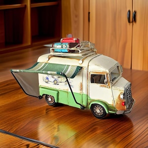 Hippi Tin Pink-Weiß Camper Van -Vintage Design Geschenk Campervan Bilderrahmen -Wohnmobil mit Plane