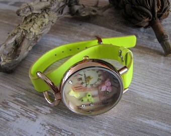 Paris Print Watch – Asymmetrical Neon Green Faux Leather Strap