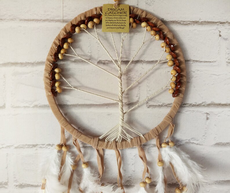 Beige Tree of Life Dream Catcher Hippie Wall Hanging Housewarming Gift Cozy Indian Home Decoration image 2