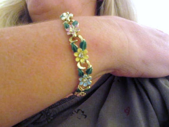 Pink Enamel Bracelet with Earrings, Green, Yellow… - image 4
