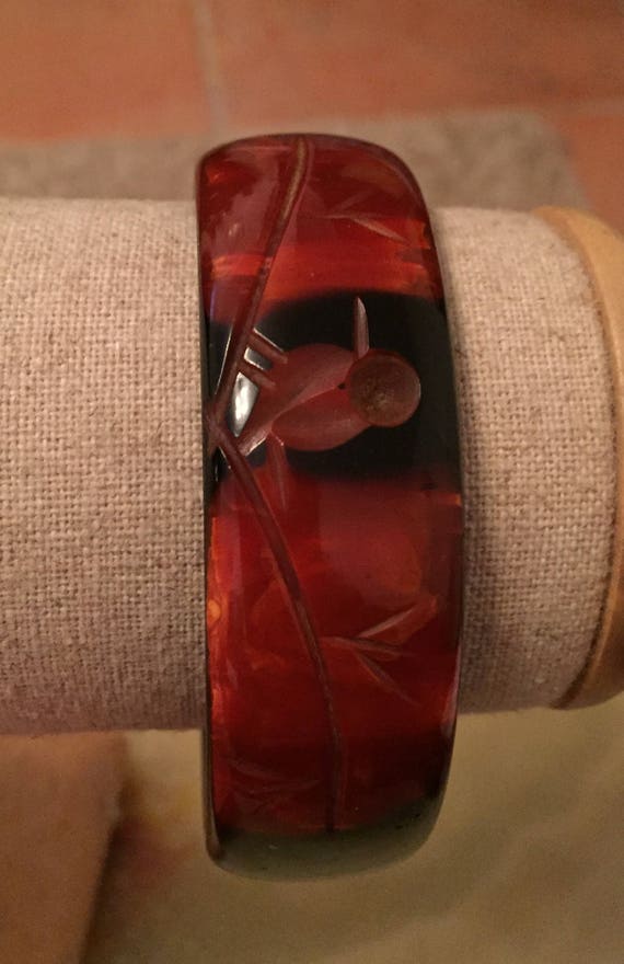 Carved Bakelite Bangle Bracelet 1930s, Red Black, 