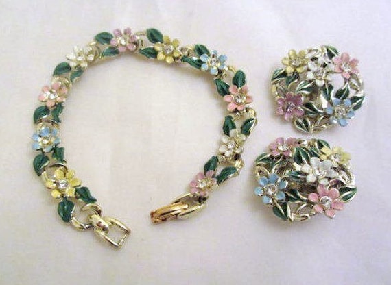 Pink Enamel Bracelet with Earrings, Green, Yellow… - image 1