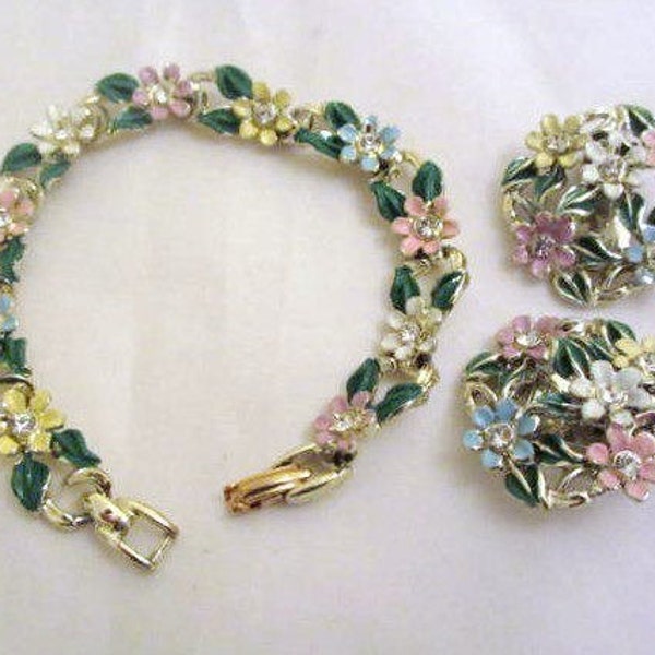 Pink Enamel Bracelet with Earrings, Green, Yellow Vintage Jewelry Set