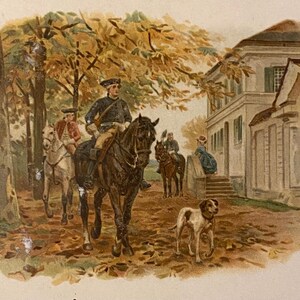 Cartão postal antigo francês, soldados a cavalo com um cão setter, franqueado 1905, verso indiviso