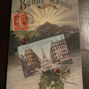 Cartão postal antigo francês, Bonne Année, Lyon, Art Déco, Assassinato Sadi Carnot