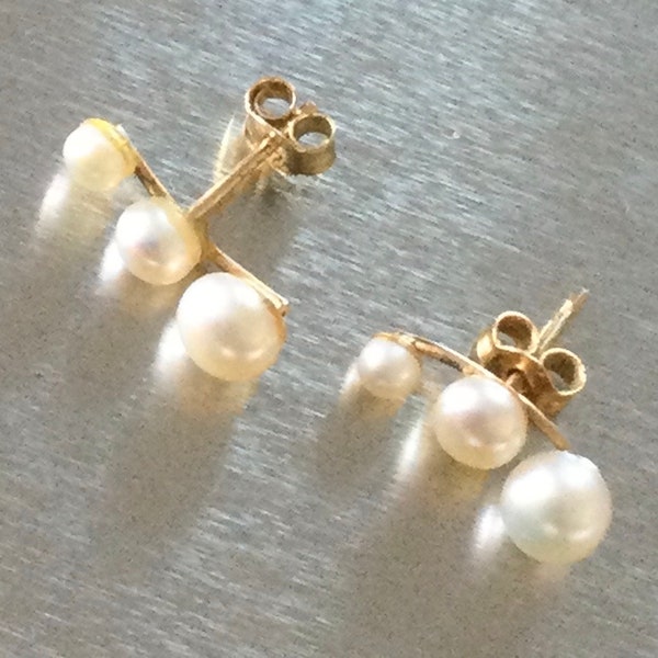 Pearl Earrings, Ear Climbers for Pierced Ears, Estate Sale, European 585 (14K) Gold, Vintage Jewellery