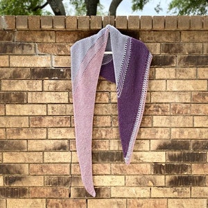 Hand Knit Asymmetrical Shawl Merino Wool, Cashmere Wrap, Plum/Heather/Gray