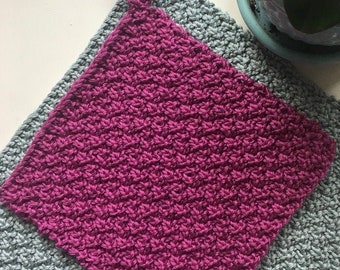 Hand Knit Cotton Dish Cloth - Fuchsia