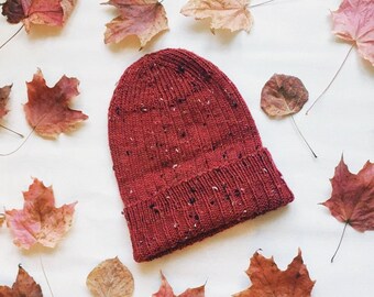 Hand Knit Ribbed Camping Hat, Autumn Red Tweed