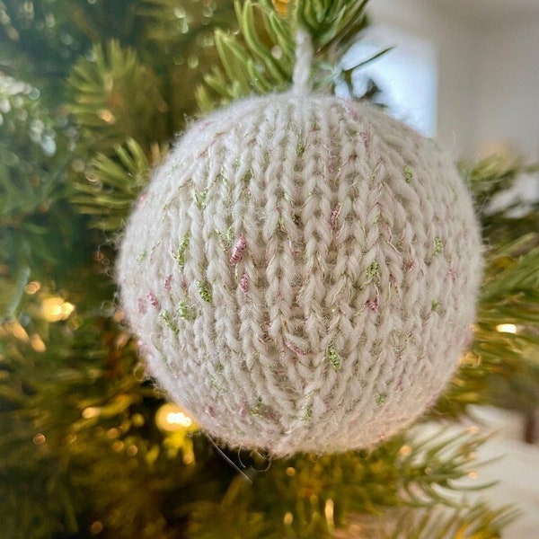 Hand Knit Christmas Tree Ornament, Merino Wool and Sparkle, White with Pink and Green