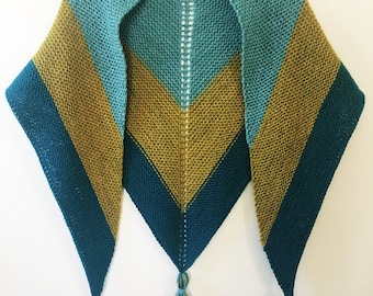 Hand Knit Simple Triangle Shawl, Warm Wrap in Sky, Honey, and Lake Blue