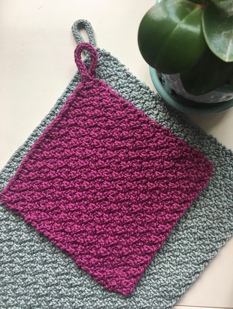 Hand Knit Cotton Dish Cloth - Fuchsia