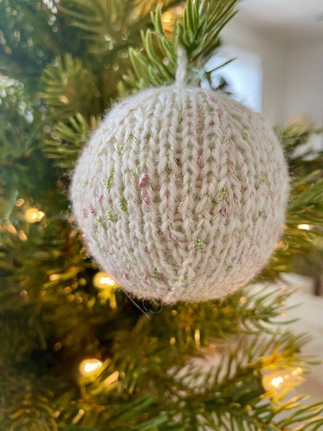 Hand Knit Christmas Tree Ornament, Merino Wool and Sparkle, White With Pink and Green Etsy