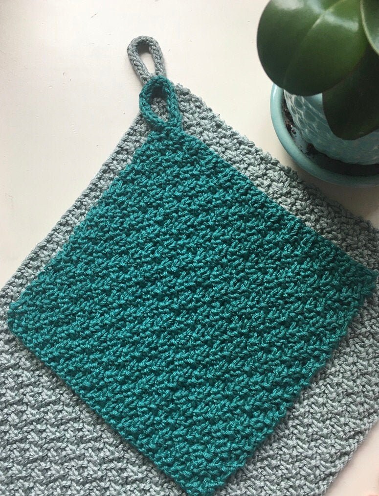 Hand Knit Cotton Dish Cloth - Grass Green