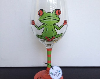 Peace Love Frog Balance Center Yoga Zen Wine Glass