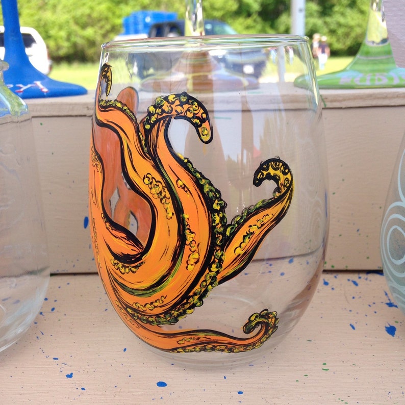 Handpainted Octopus Wine Glass Octopus Gift Octopus Glass Nautical Glass Nautical Decor Beach Decor Coastal Ware image 2