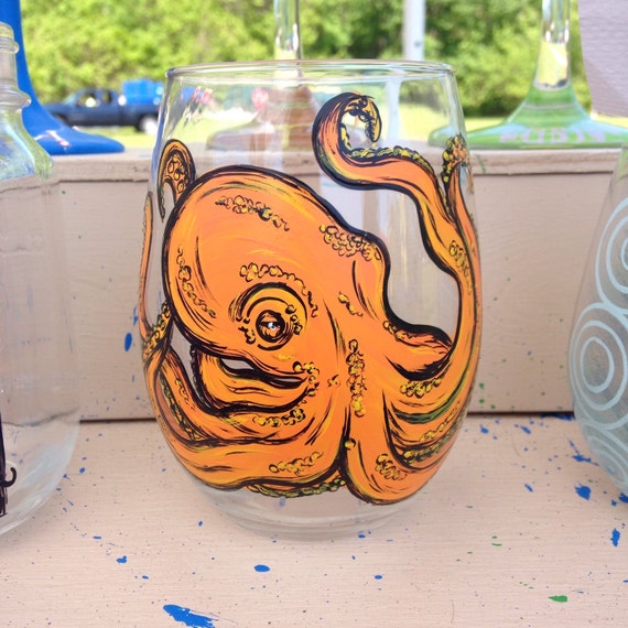 Handpainted Octopus Wine Glass - Octopus Gift - Octopus Glass - Nautical Glass - Nautical Decor - Beach Decor - Coastal Ware