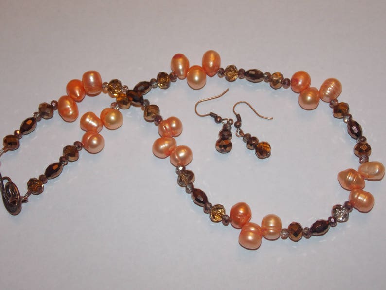 Orange Freshwater Pearl Copper Czech Glass and Copper Crystal Necklace and Earring Set