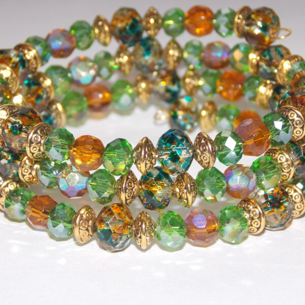 Green and Gold Speckled Glass Wrap Bracelet