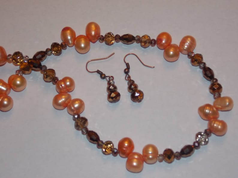 Orange Freshwater Pearl Copper Czech Glass and Copper Crystal Necklace and Earring Set
