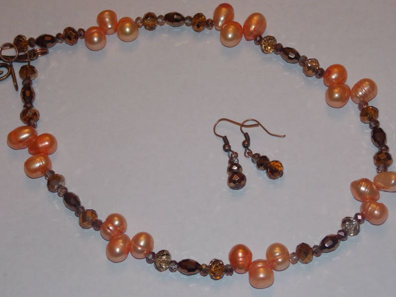 Orange Freshwater Pearl Copper Czech Glass and Copper Crystal Necklace and Earring Set
