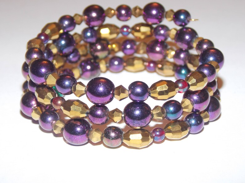 Purple Iris and Gold Czech Glass Memory Wire Wrap Bracelet