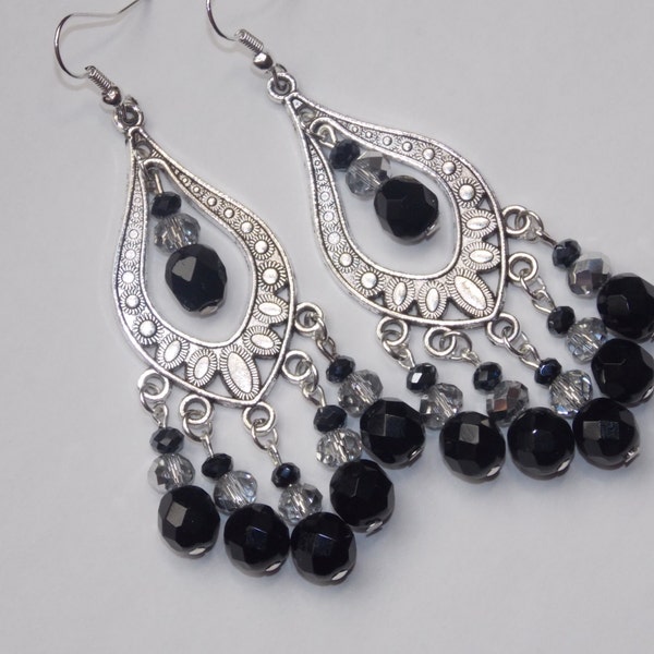 Black Czech Glass Silver Crystal Silver Chandelier Earrings