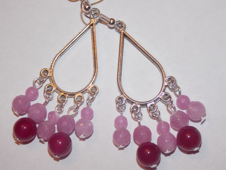 Rose Jade Purple Jade Tibetan Silver Teardrop Chandelier Earrings