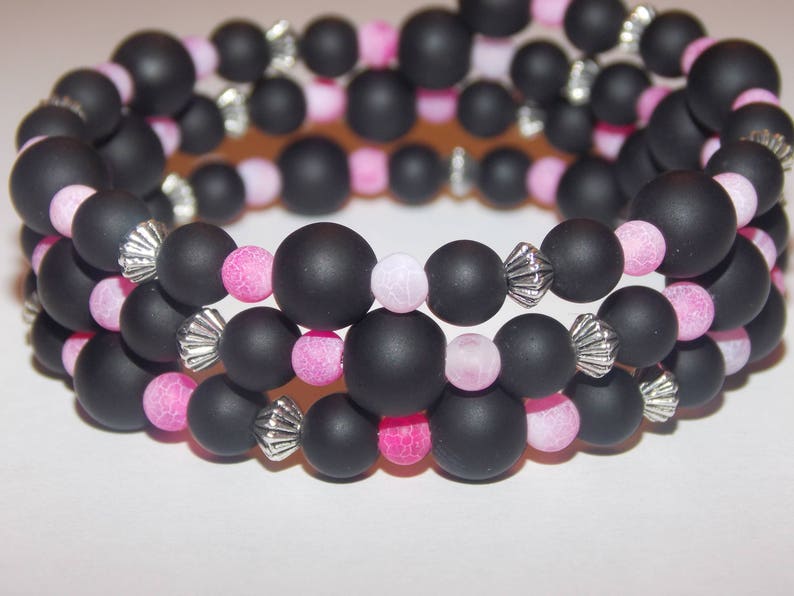 Frosted Black Agate Frosted Pink Agate Tibetan Silver Memory Wire Wrap Bracelet