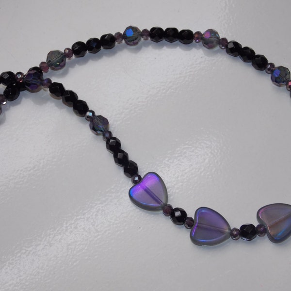 Asymmetrical Amethyst Glass Heart and Black Czech Glass Necklace