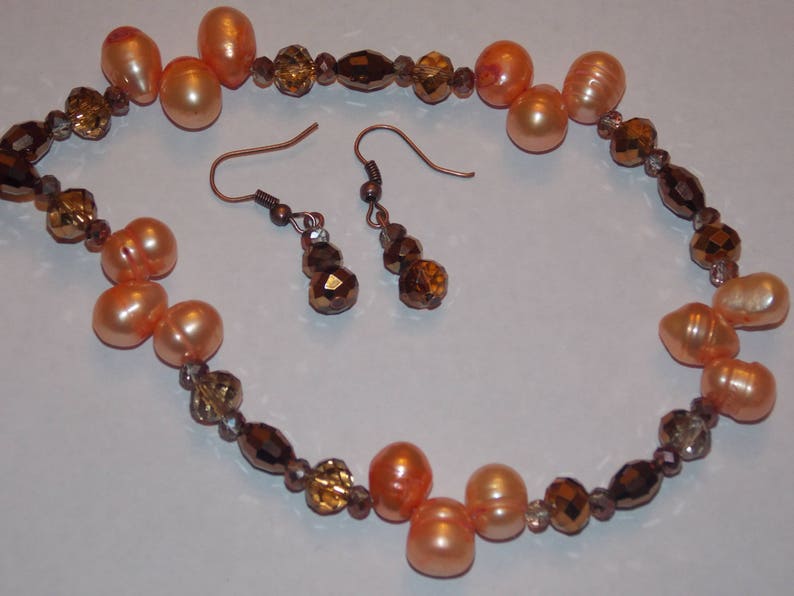 Orange Freshwater Pearl Copper Czech Glass and Copper Crystal Necklace and Earring Set