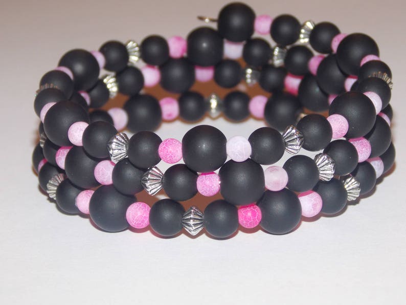 Frosted Black Agate Frosted Pink Agate Tibetan Silver Memory Wire Wrap Bracelet