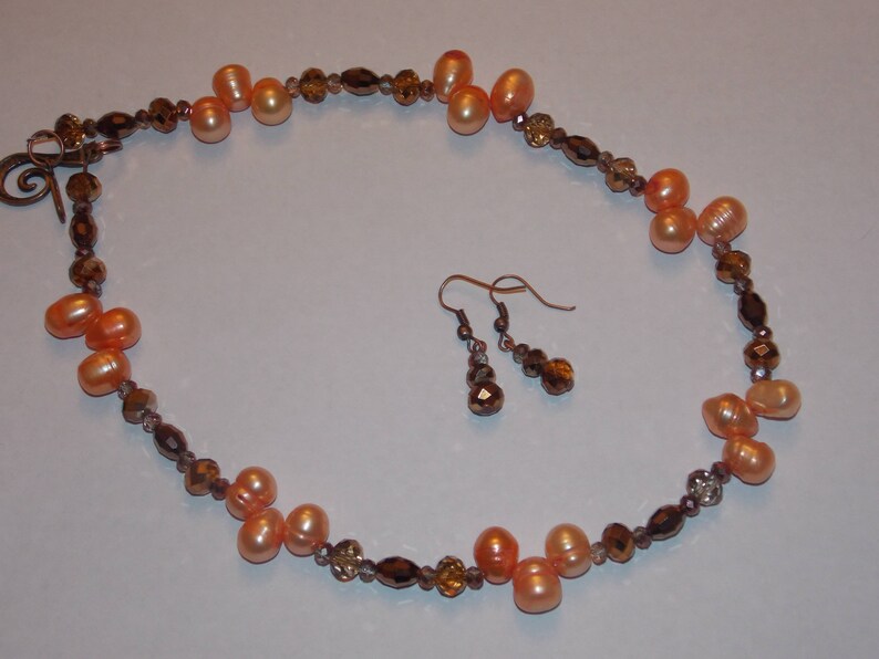 Orange Freshwater Pearl Copper Czech Glass and Copper Crystal Necklace and Earring Set