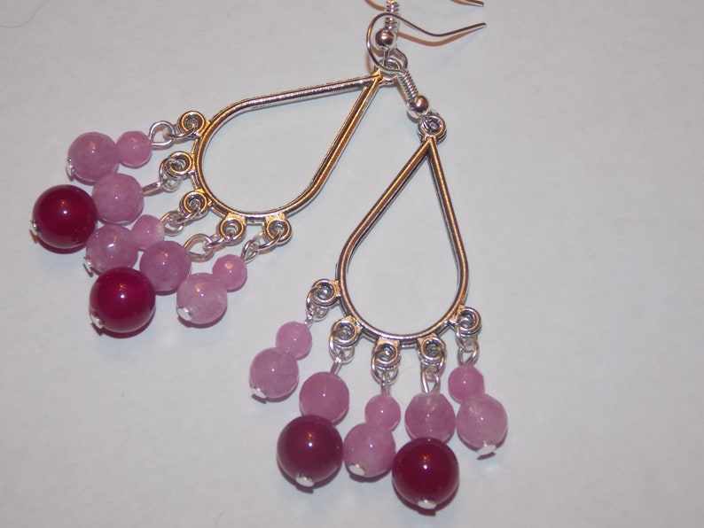 Rose Jade Purple Jade Tibetan Silver Teardrop Chandelier Earrings